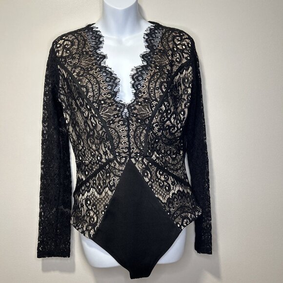 Windsor Tops - Windsor Black Lace Long Sleeve Bodysuit Large